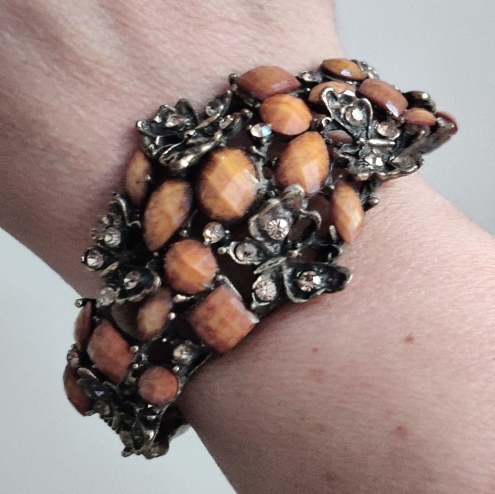 Antique Style Bronze Brass Cuff Bracelet Butterflies and Amber resin cabochons